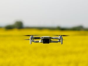 An airborne drone in the countryside