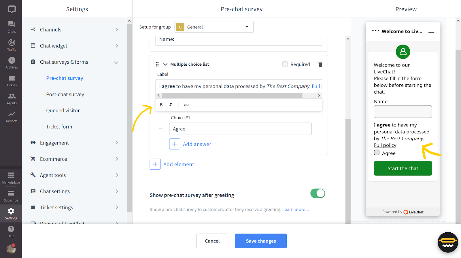 Rich text formatting in the pre-chat form.