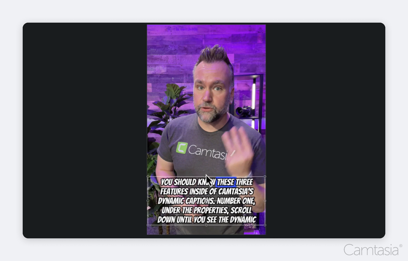 Dynamic captions overlaid on a video of Andy