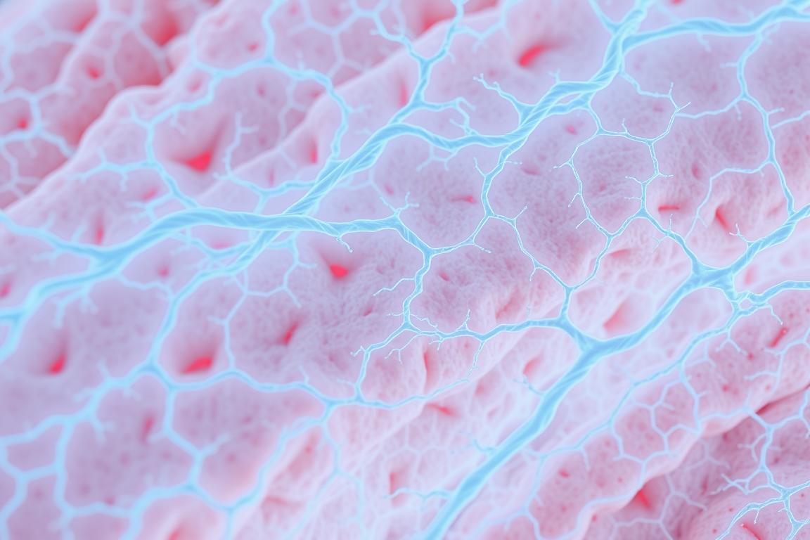 Microscopic view of collagen fibers showing how Ashwagandha supports skin structure