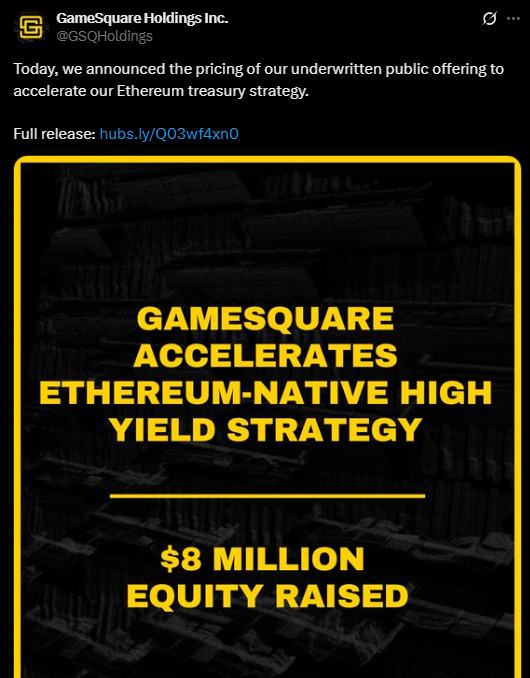 GameSquare Raises M to Launch 0M Ethereum Treasury
