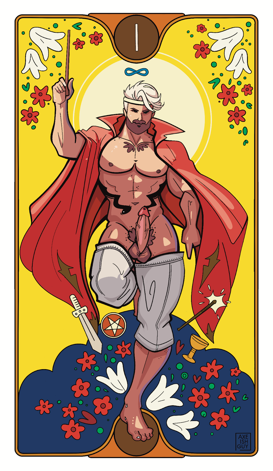 illustration by san francisco based artist Axeish of gay playing card magician of illustrated blonde muscle hunk