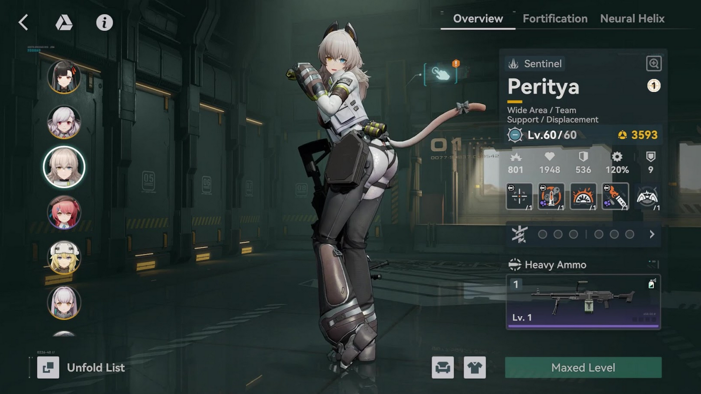 A cat-girl T-Doll named Peritya, with her weapon stats next to her. 