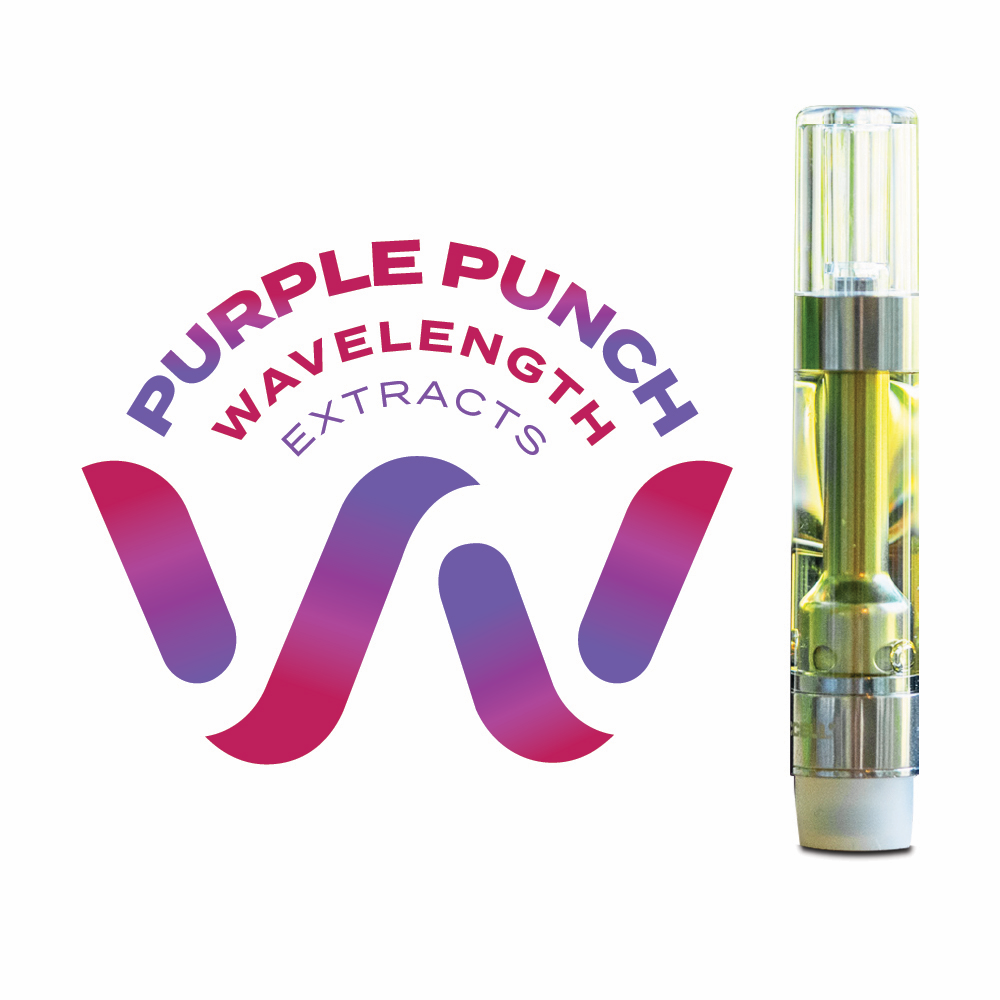 A product image of a cannabis vape cartridge with a purple W and the words Purple Punch Wavelength extracts on a white background