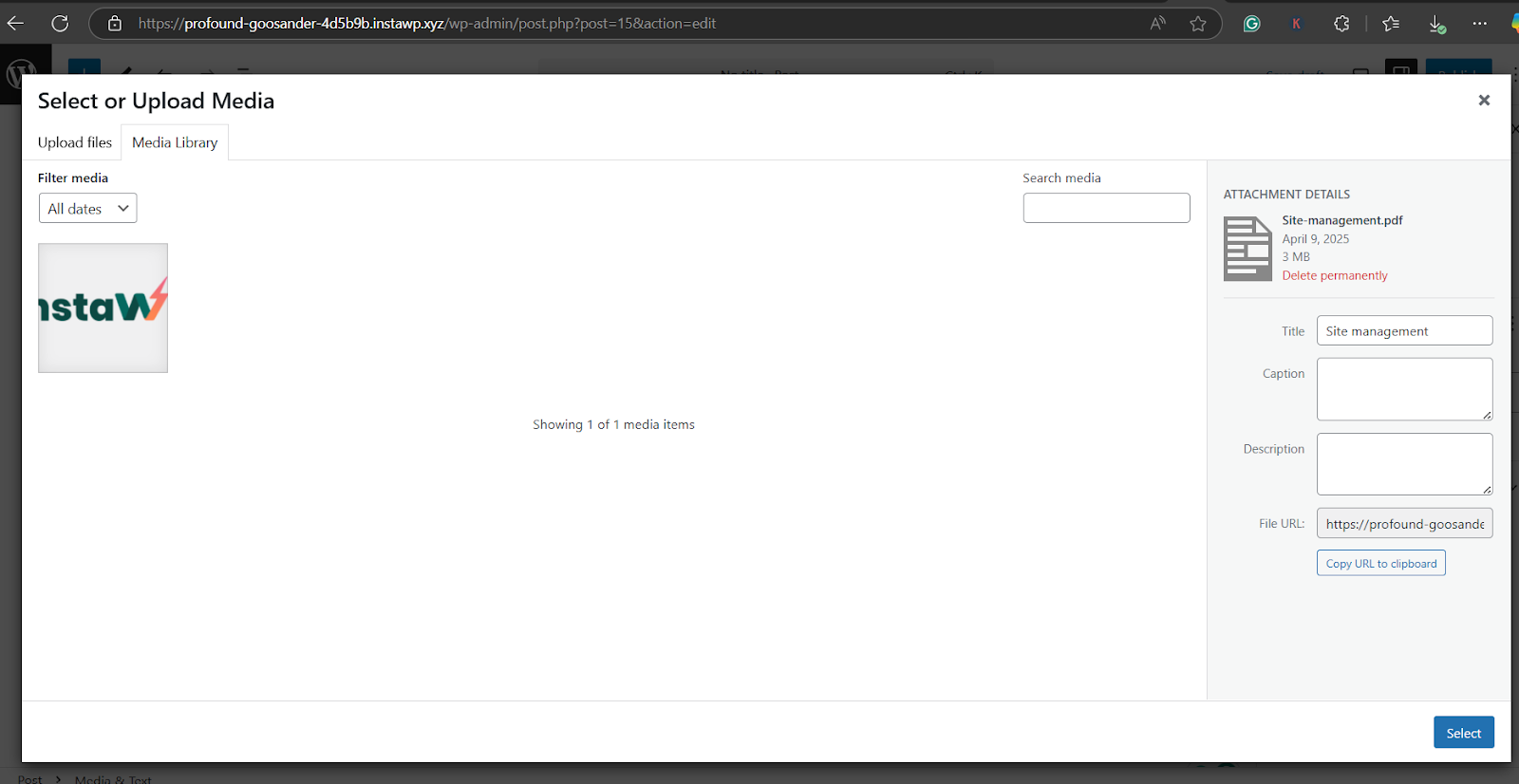 Copy the file URL to embed PDF in WordPress 