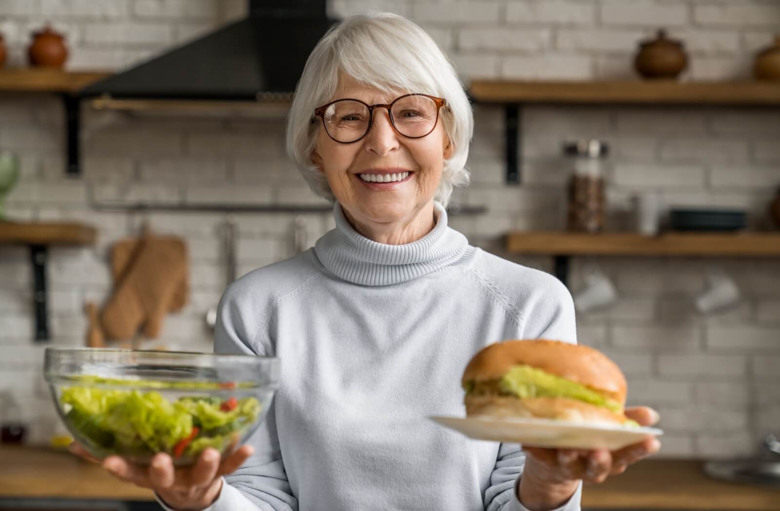 A happy senior shows their balanced meal that can help them gain muscle after 60.