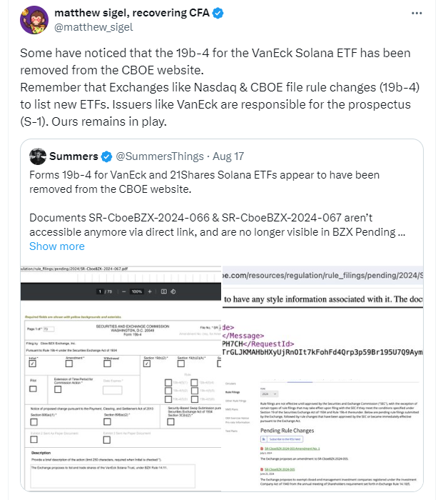 Cboe移除Solana ETF 19b-4監理文件，VanEck強勢表態堅持推進！
