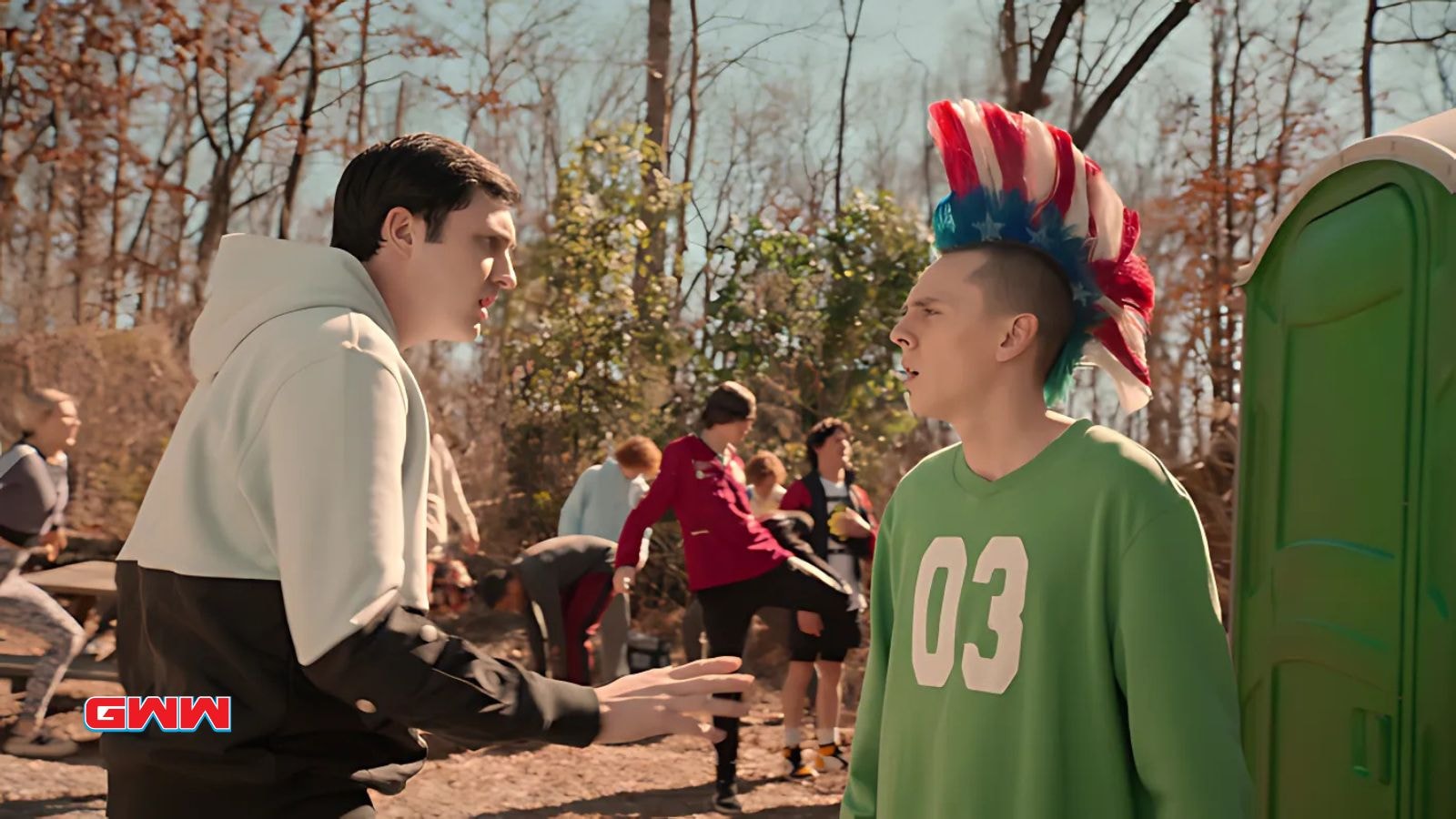 Jacob Bertrand as Eli 'Hawk' Moskowitz and Gianni DeCenzo as Demetri in Cobra Kai Season 6