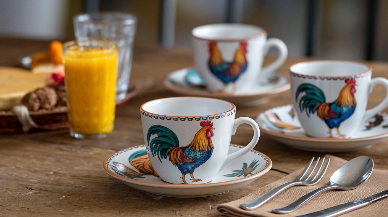 Mother Oats Rooster Cups and Saucers Sale