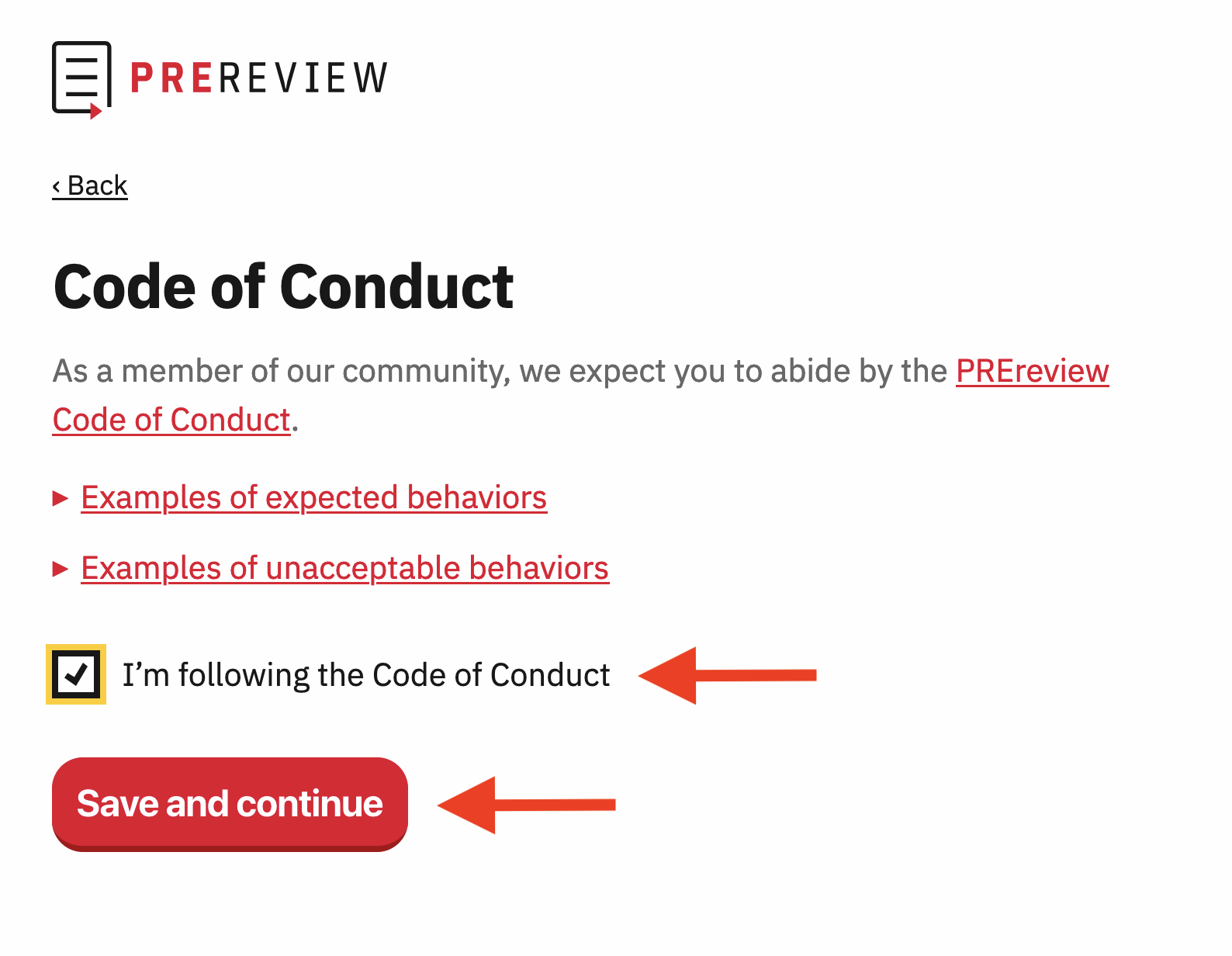 This is a screenshot from PREreview.org emphasizing how to affirm that you're following our Code of Conduct.