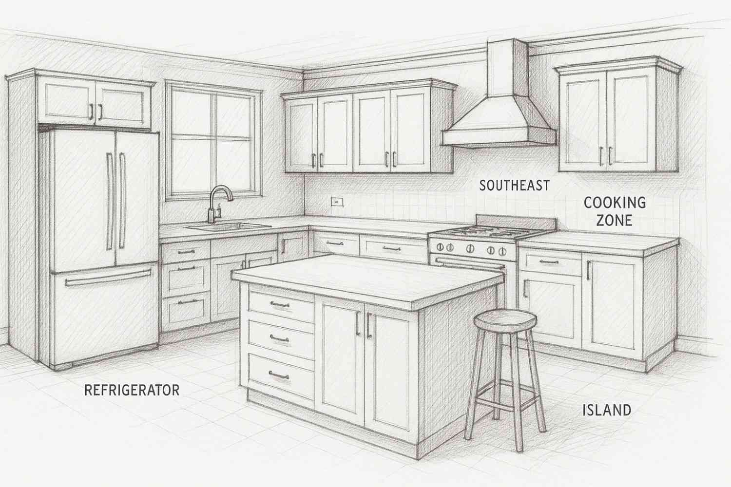 Vastu-compliant kitchen layout diagram showing southeast cooking zone placement for Bengaluru homes