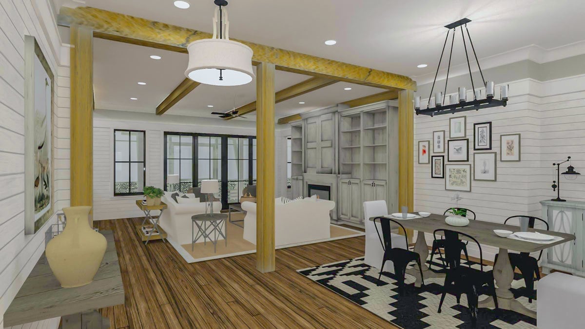 An open layout view showing the dining area and living room separated by wooden pillars.
