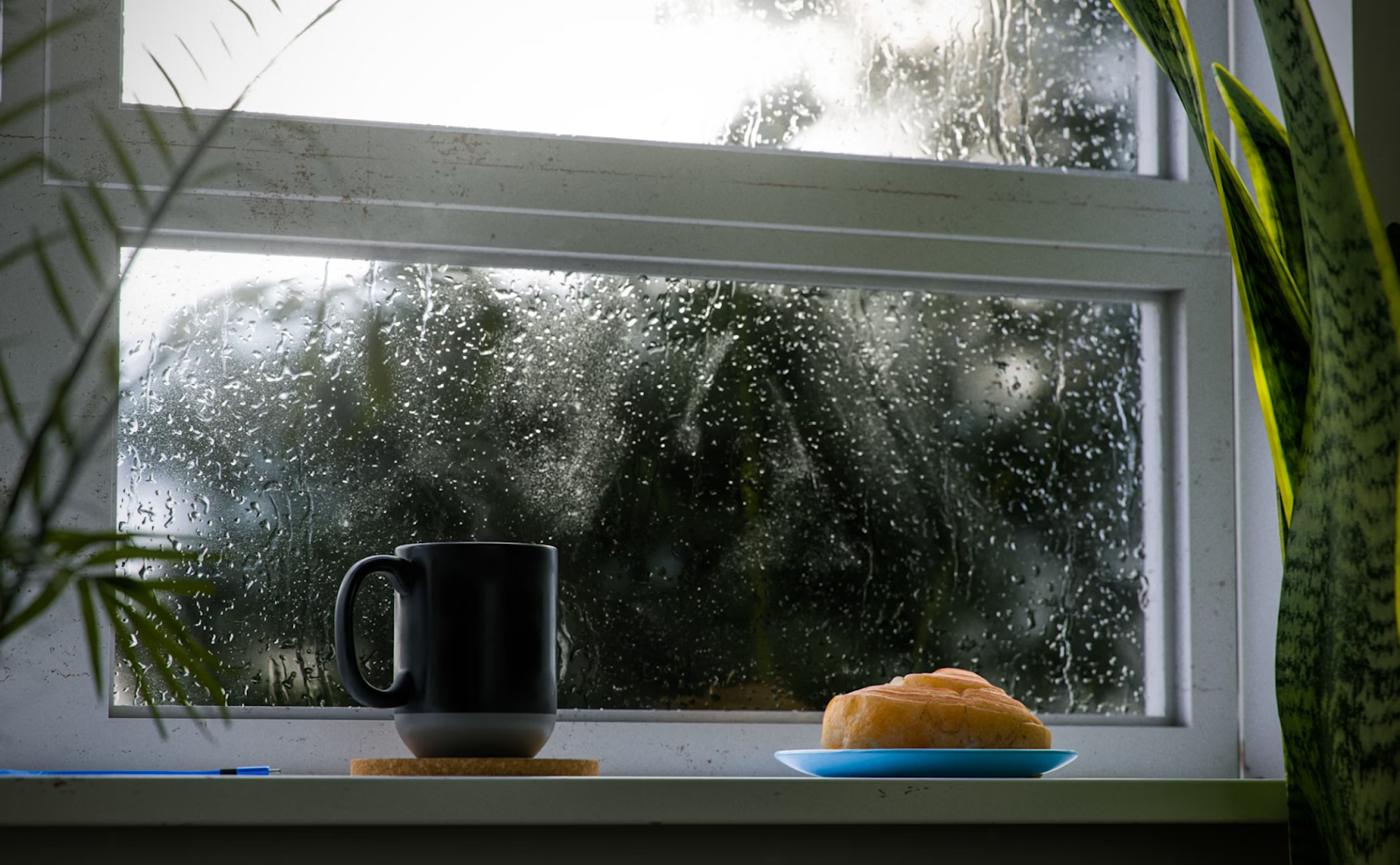 View from inside a window with raindrops on the glass; a coffee mug and potted plants rest on the windowsill.