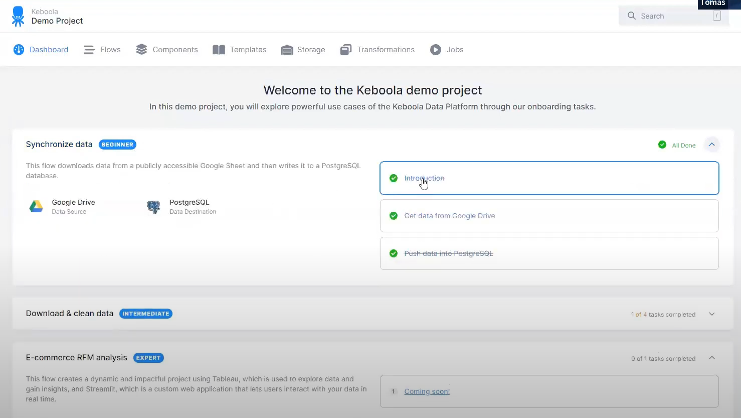 Keboola combines onboarding checklists and product tours to help users complete the tasks