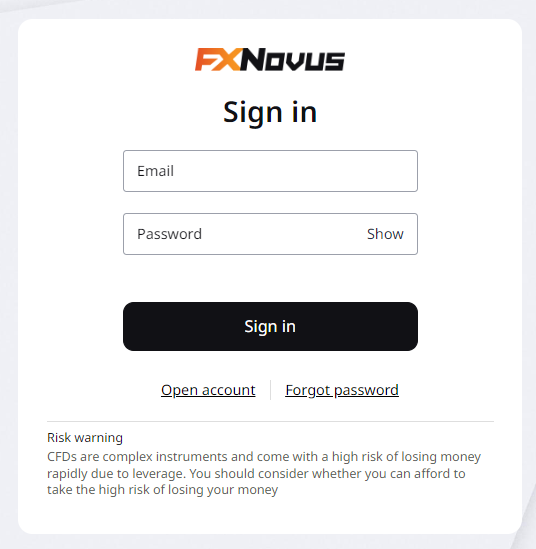 نص بديل: تسجيل دخول منطقة عملاء FXNovus