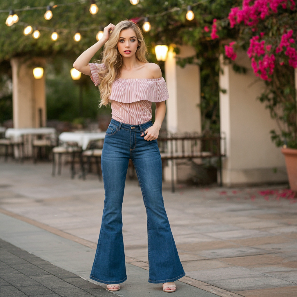 Woman in flare jeans with off-the-shoulder top