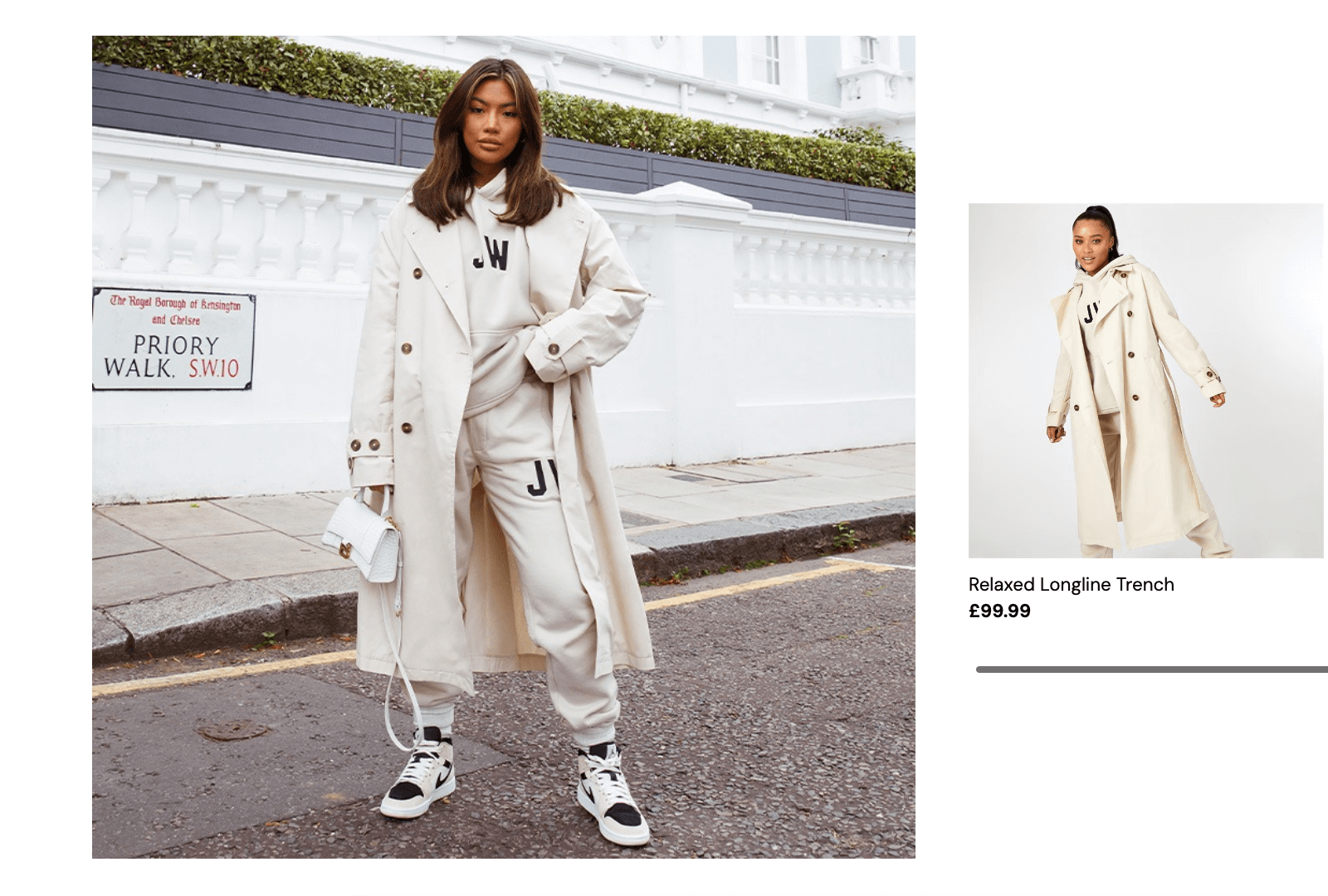 Digital creator Carms models Jack Wills' 'Relaxed Longline Trench' and matching JW tracksuit in a stylish London neighborhood. She stands confidently on a quiet street in Chelsea.