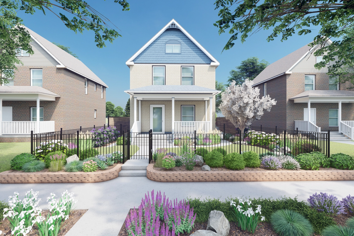 Create charm in Small front yards with a railing and pots on the steps