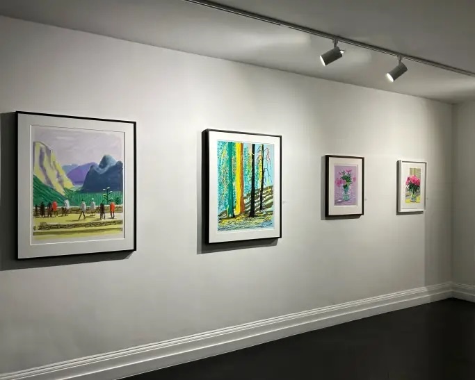  David Hockney signed prints hang on a wall, all of them David Hockney iPad drawings for sale, from the Yosemite Suite and A Bigger Book Series.