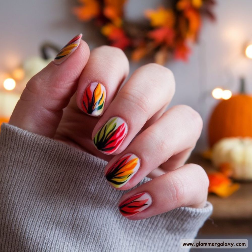 Thanksgiving Nail Designs having Turkey Tail Feather-Themed Nails
