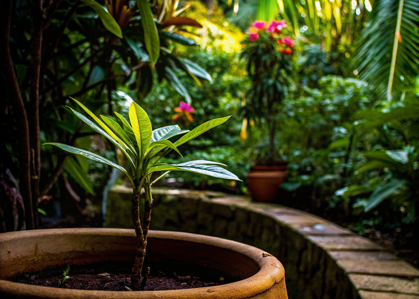 Muda de achachairu plantada em um vaso de barro em um jardim tropical.