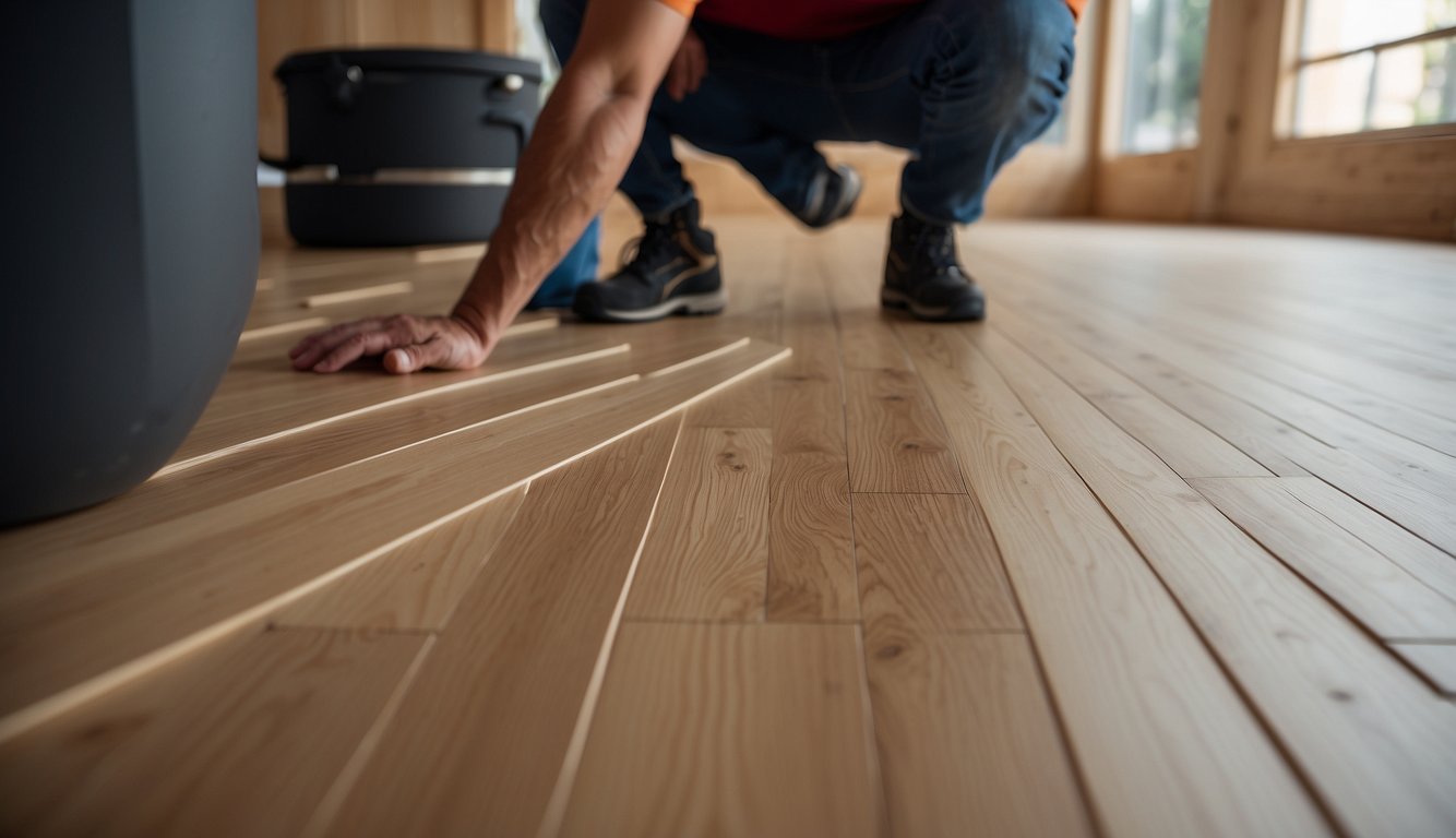 A room with dryback LVT flooring being glued down, while click LVT is being interlocked and installed without adhesive