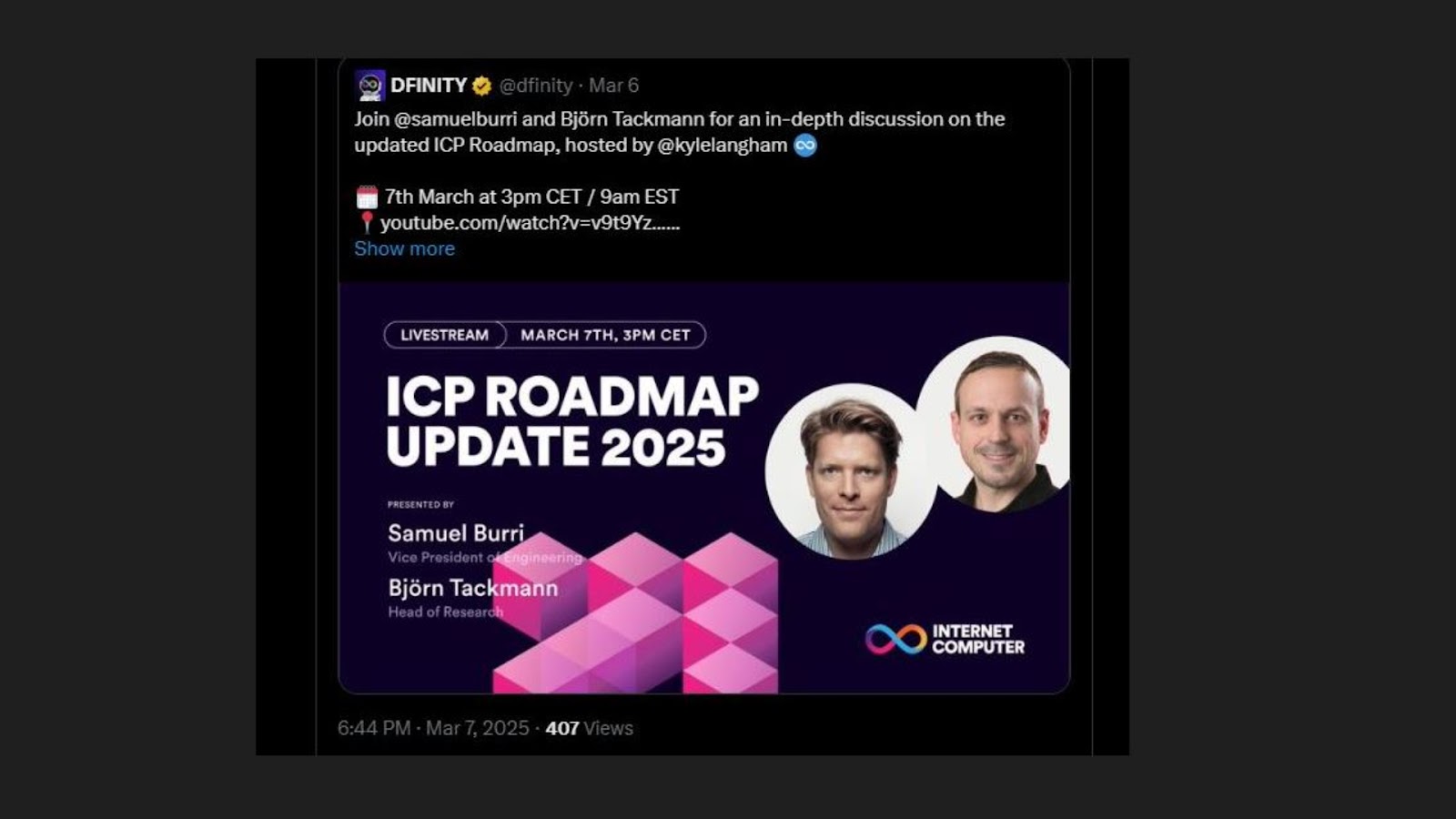 The ICP Dfinity developer is involved in X on a general discussion about the updated road map 2025