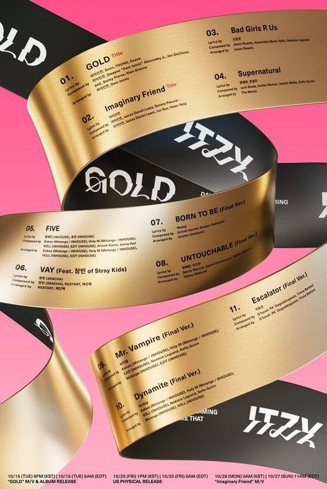 This contains an image of ITZY album with gold and black ribbons with the word gold printed on them