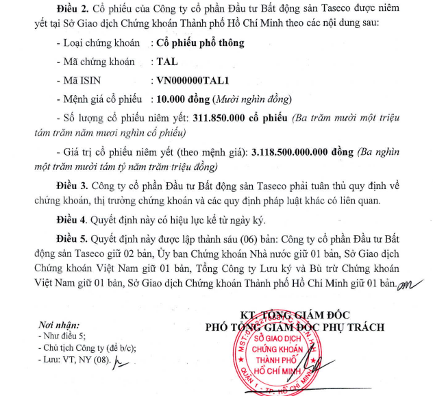 Quyết định số 516/QĐ-SGDHCM về việc chấp thuận niêm yết cổ phiếu TAL của Công Cổ phần Đầu tư Bất động sản Taseco (Taseco Land). (Nguồn: HOSE)