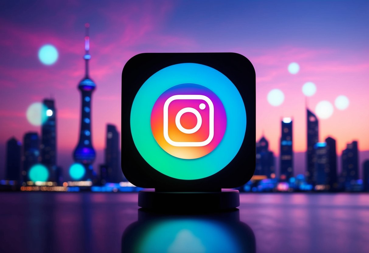 A colorful digital clock with Instagram logo in a futuristic city skyline at dusk, with glowing neon lights and holographic projections