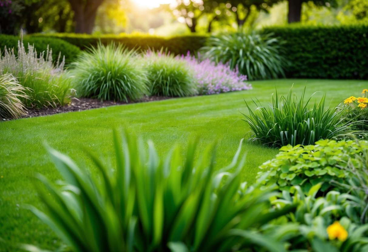 A lush green lawn with different types of grasses, some neatly trimmed and others wild, surrounded by trees and flowers