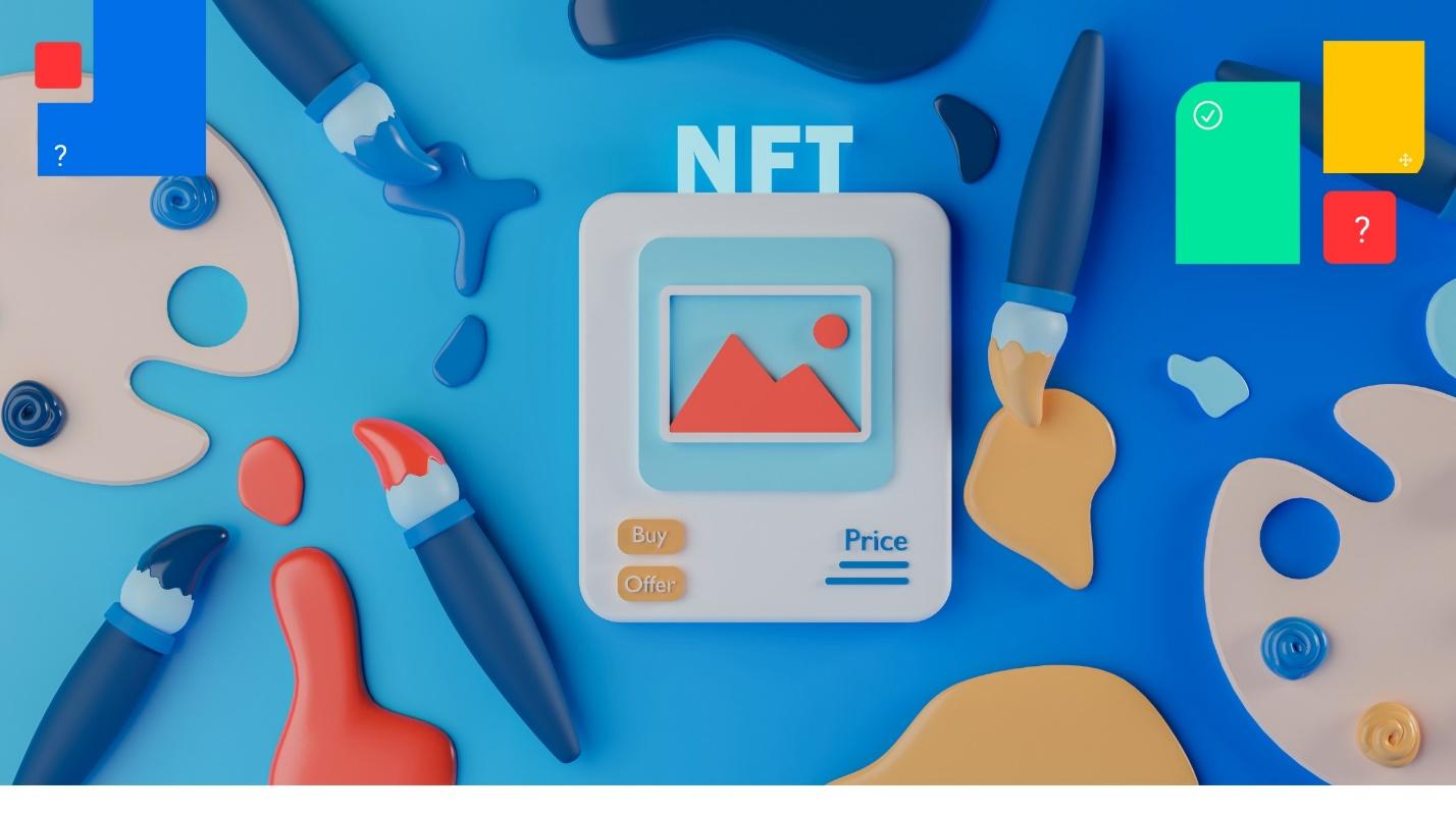 3D brushes in different colors and painting boards shown around an NFT art sample