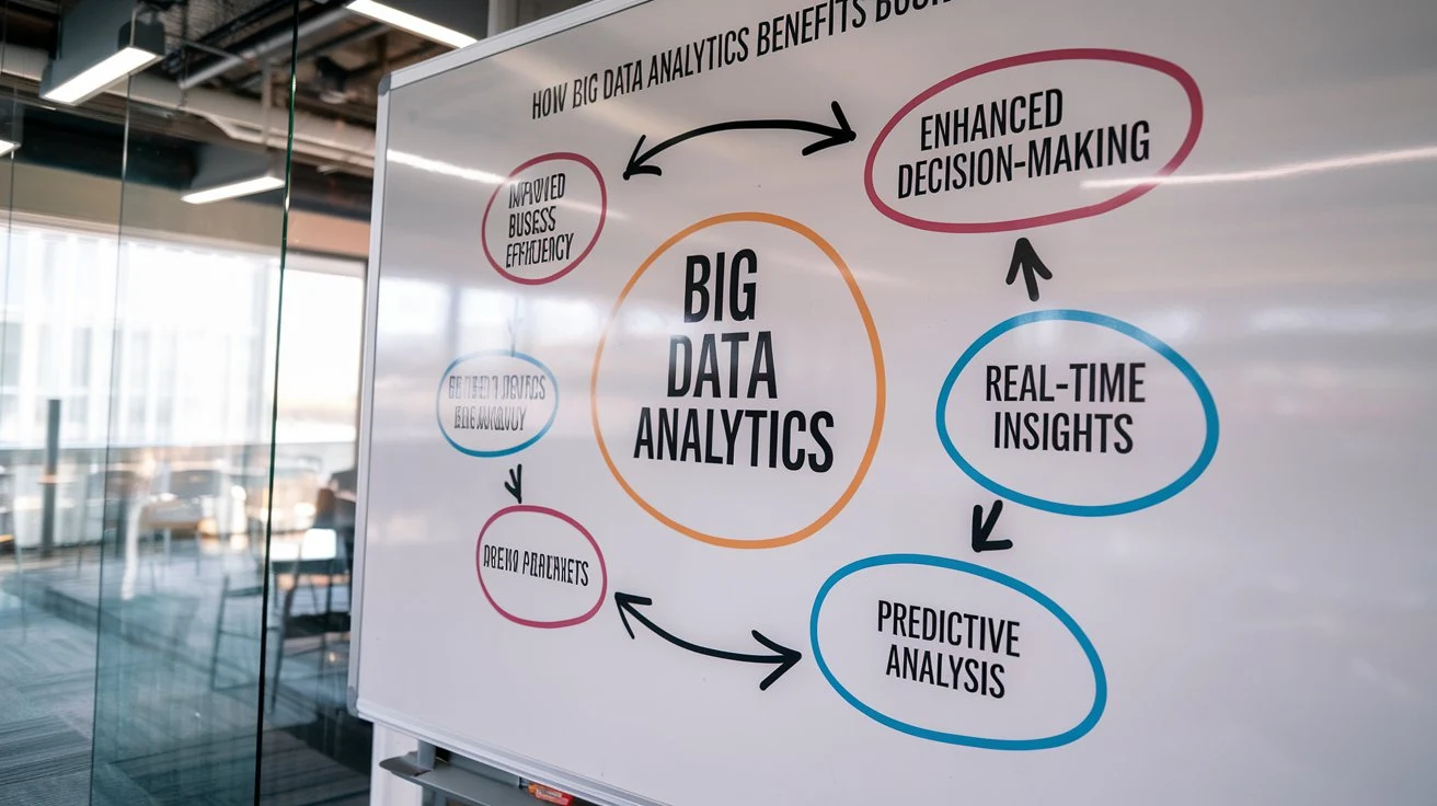 A diagram depicting how big data analytics improves business efficiency and decision-making.