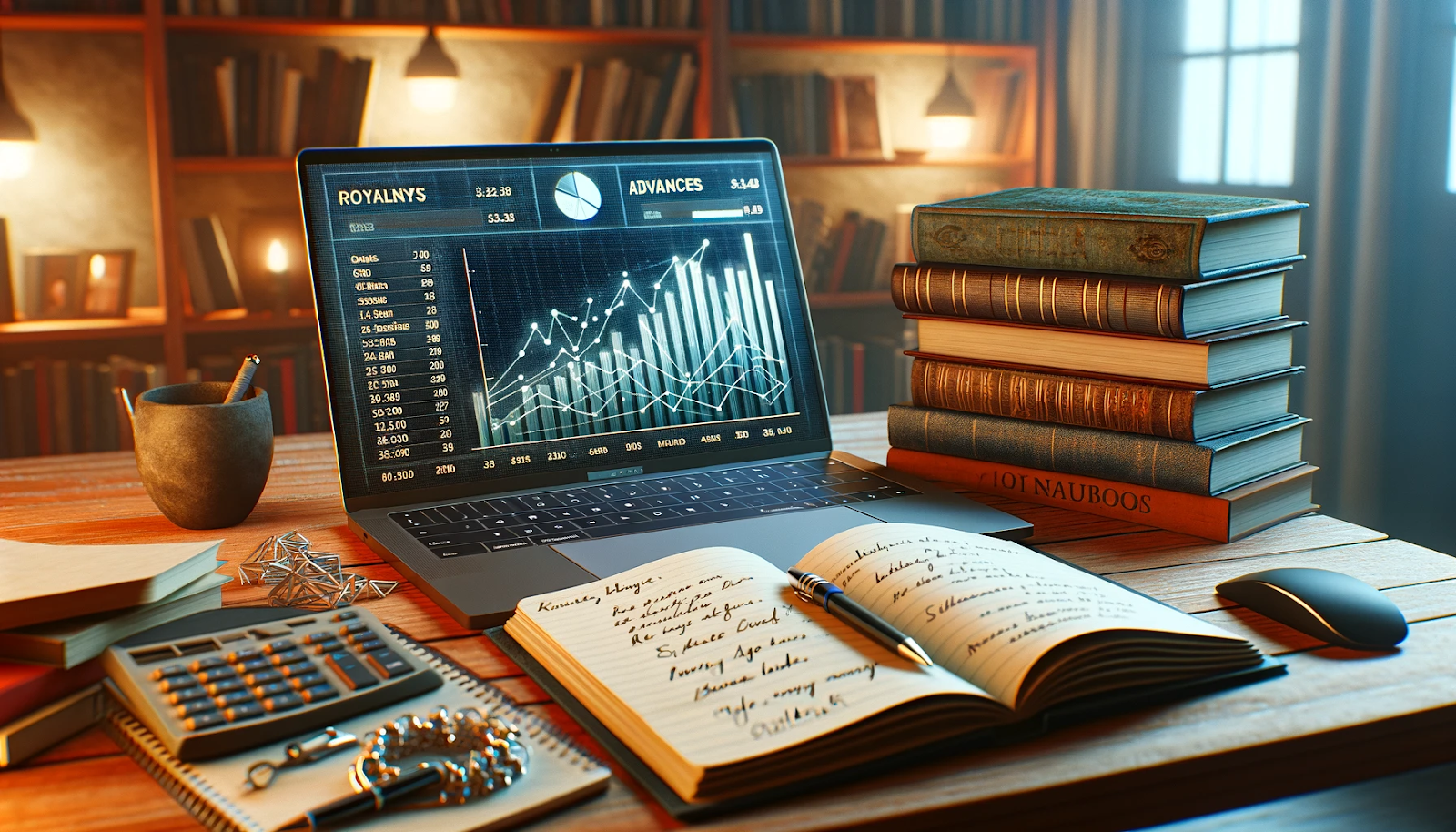 A laptop displaying a graph of royalties and advances, surrounded by stacks of books, a calculator, notebooks, and stationery, in a cozy, library-like environment.