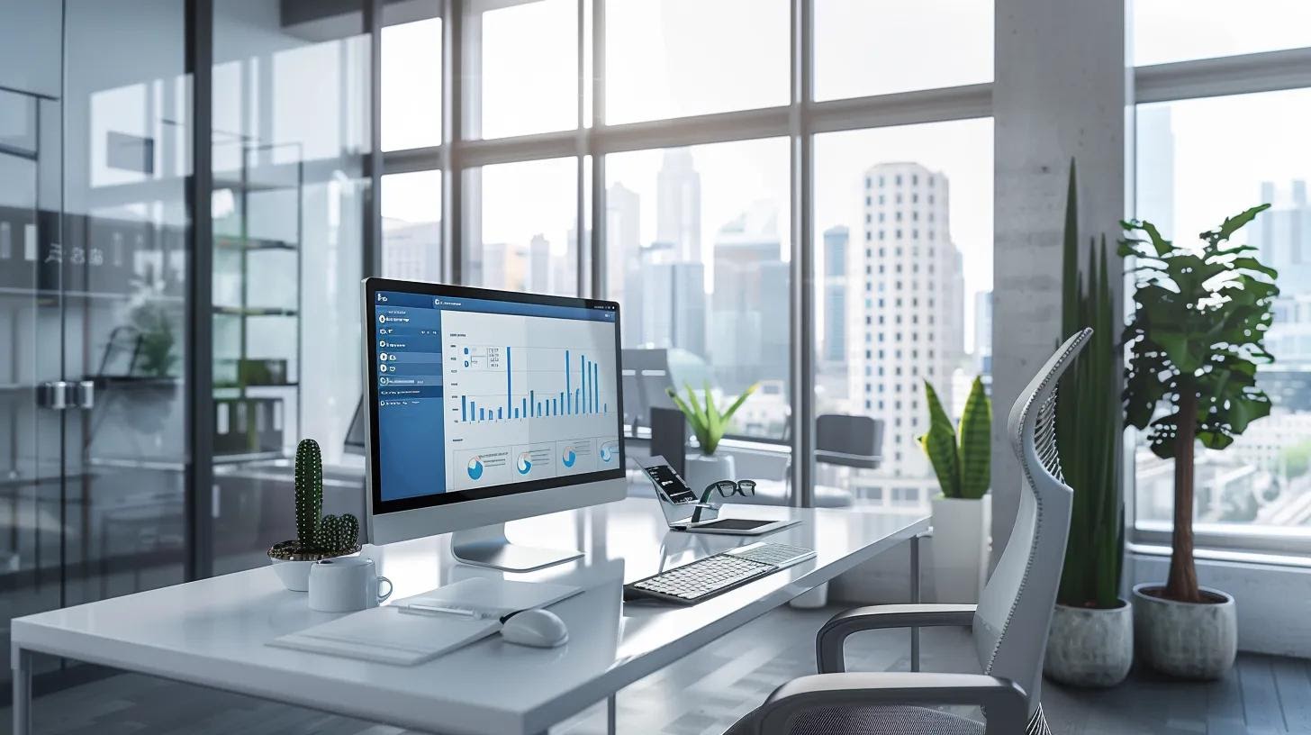 a sleek, modern office workspace features a large monitor displaying a minimalistic website design with ample white space and user-friendly navigation, illuminated by ambient light that highlights the clean lines and contemporary aesthetic.
