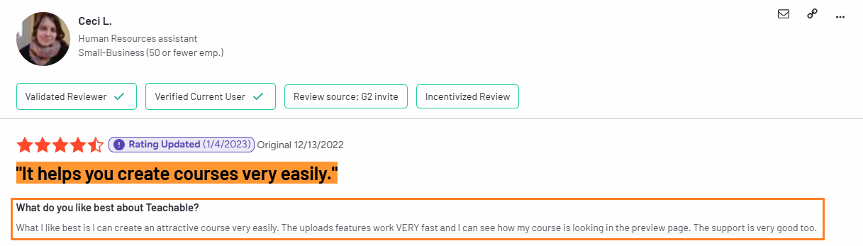 Teachable users Testimonial