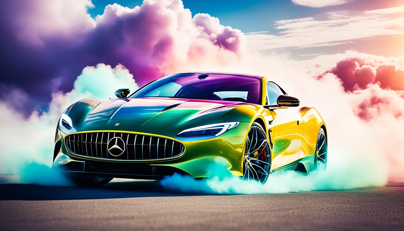 A vibrant and colorful image of a luxurious sports car parked in front of a dreamy, cloud-filled sky. The car is surrounded by an aura of golden light, as if it has been called into existence through the power of manifestation and the law of attraction. The image should convey a sense of excitement and momentum, as if the viewer can feel the energy of their dream car coming to life before their eyes.