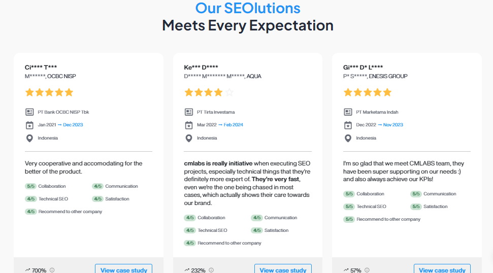 Illustration of client reviews on cmlabs SEO services.