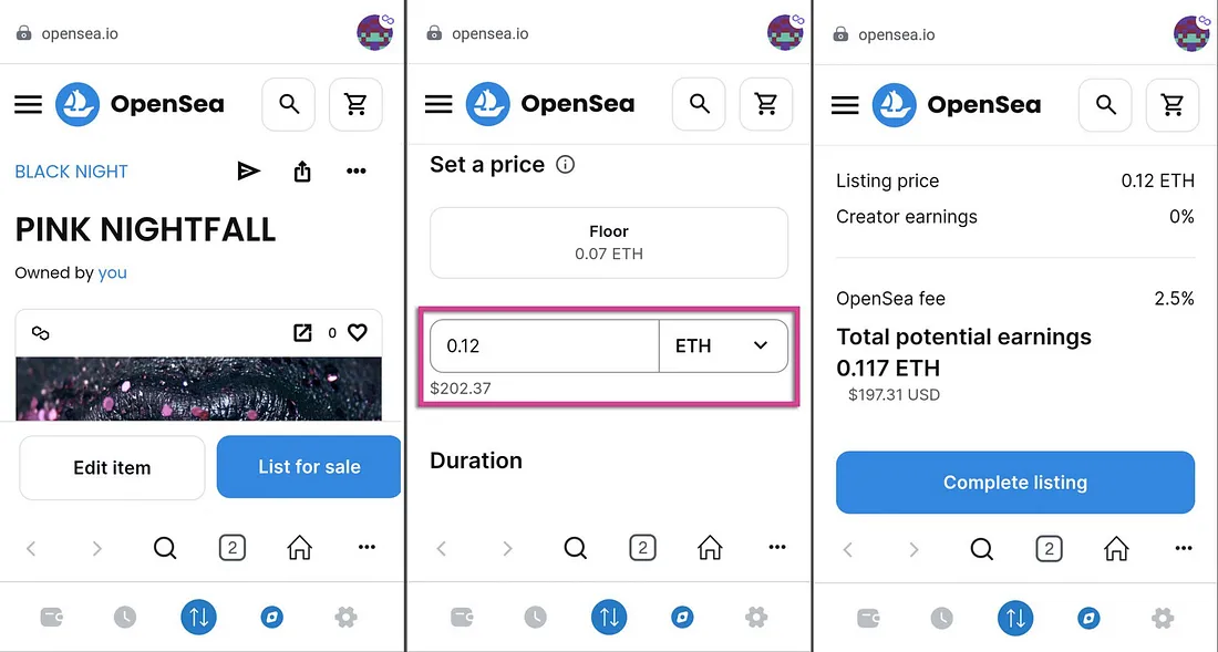Three-step image of setting a price for an NFT on OpenSea