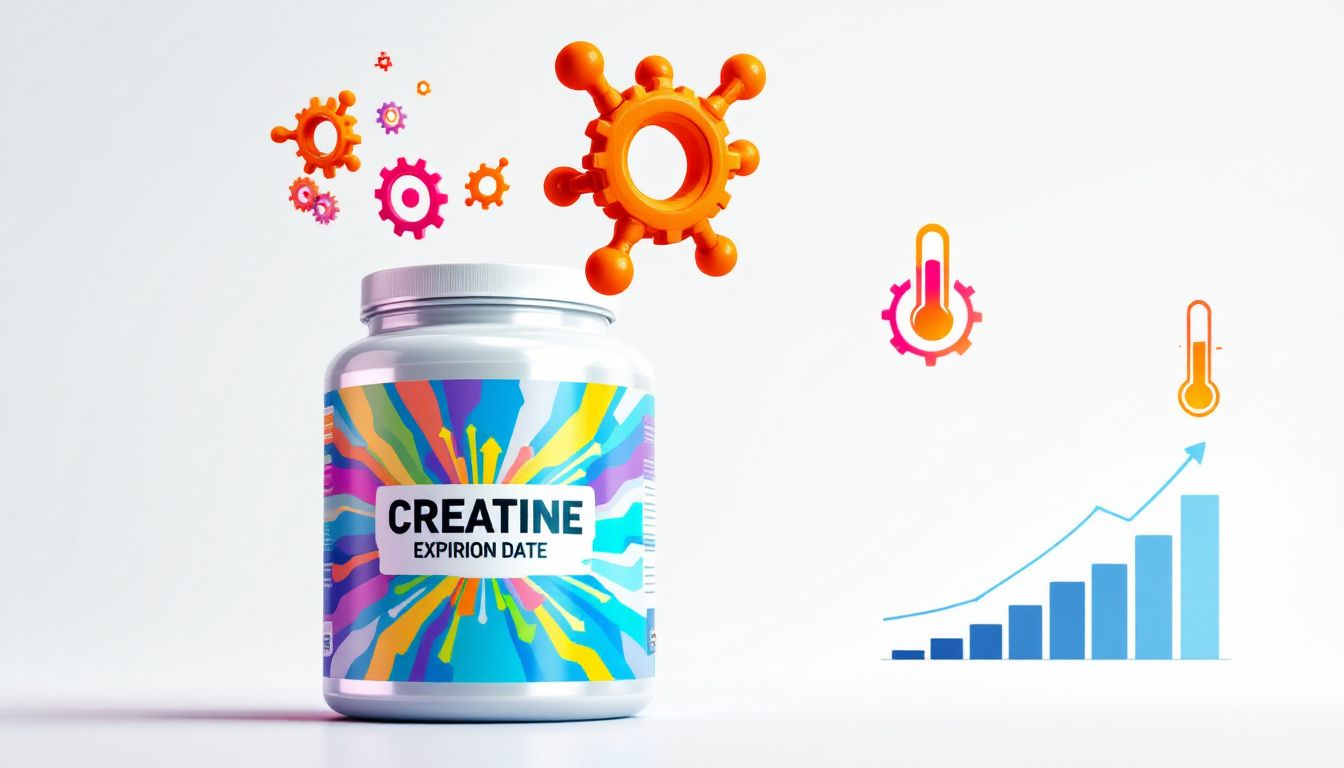 A close-up of a creatine container with an expiration date label.