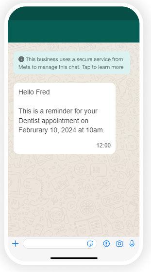 A Dentist appointment reminder message on WhatsApp to a patient.