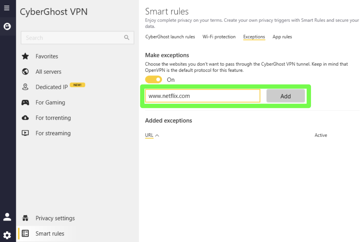 Captura de tela de um usuário adicionando Netflix.com à função Exceções no aplicativo CyberGhost VPN para Windows