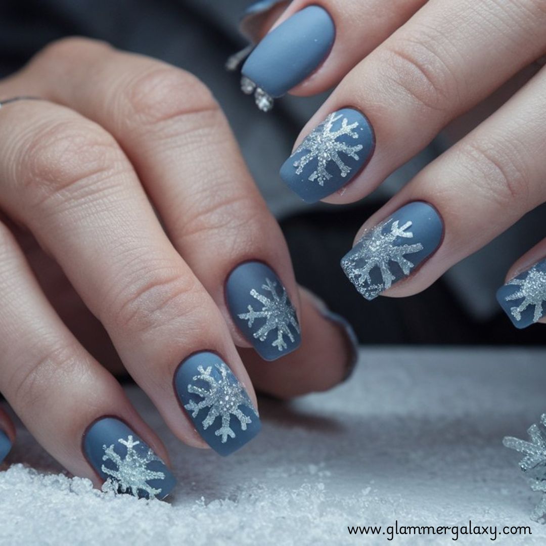 Snowflake Nails having Matte Nails with Silver Snowflakes
