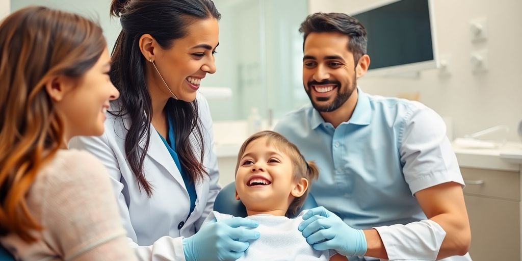 Family at the dentist, smiling during a check-up.