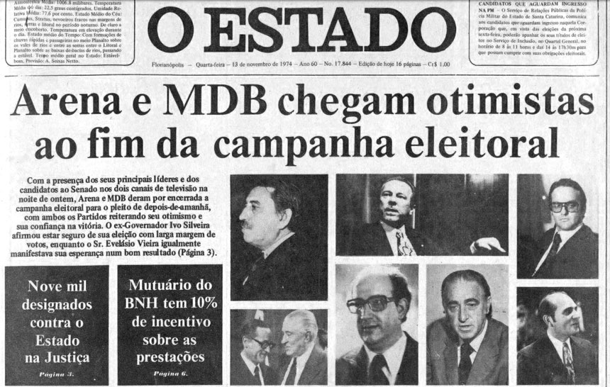 Jornal O Estado noticia reta final da campanha eleitoral de 1974.