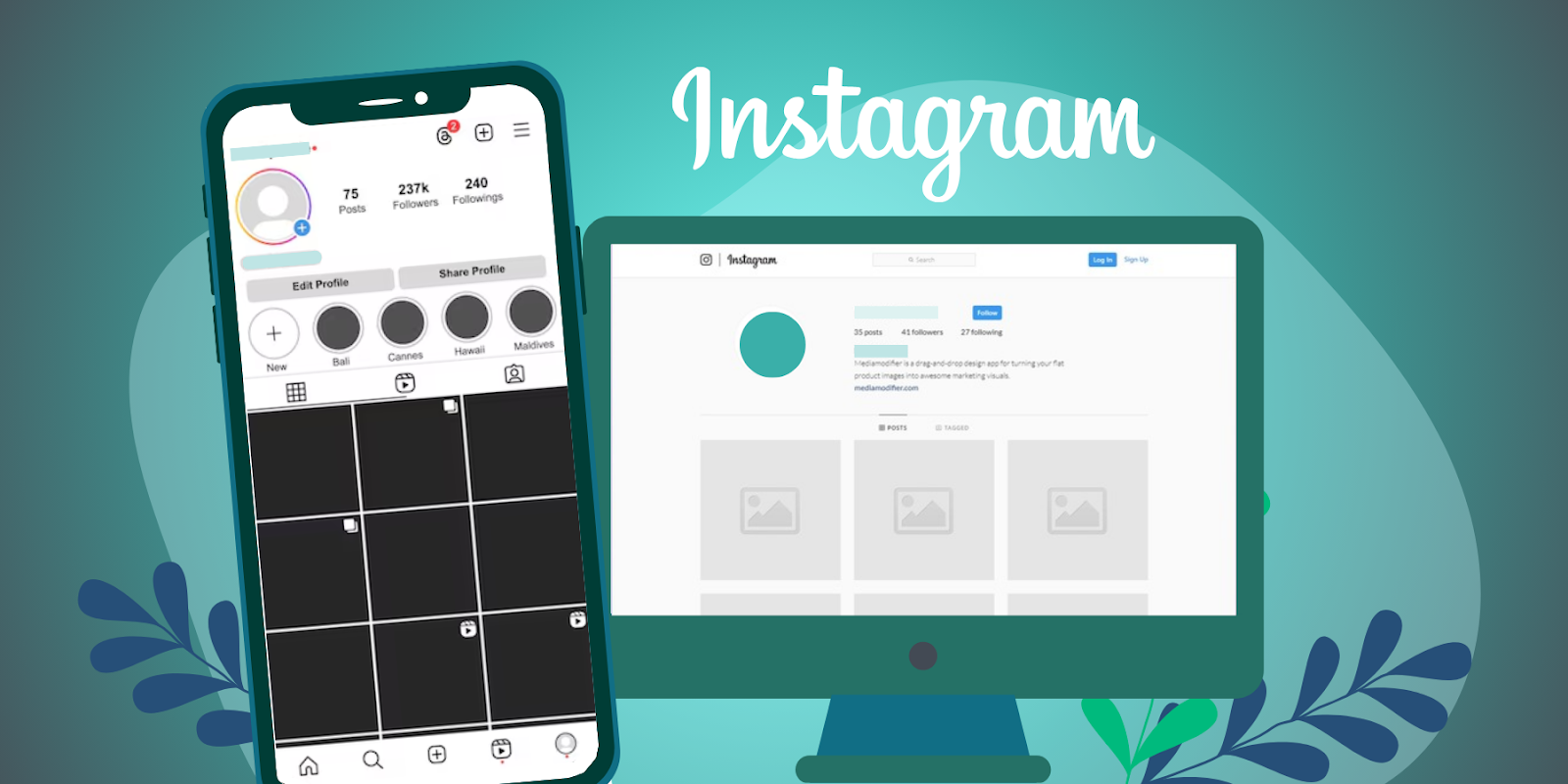 Instagram interface on phone and desktop, highlighting B2B content promotion on social media.