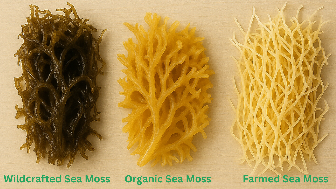 Wildcrafted, organic, and farmed sea moss side by side