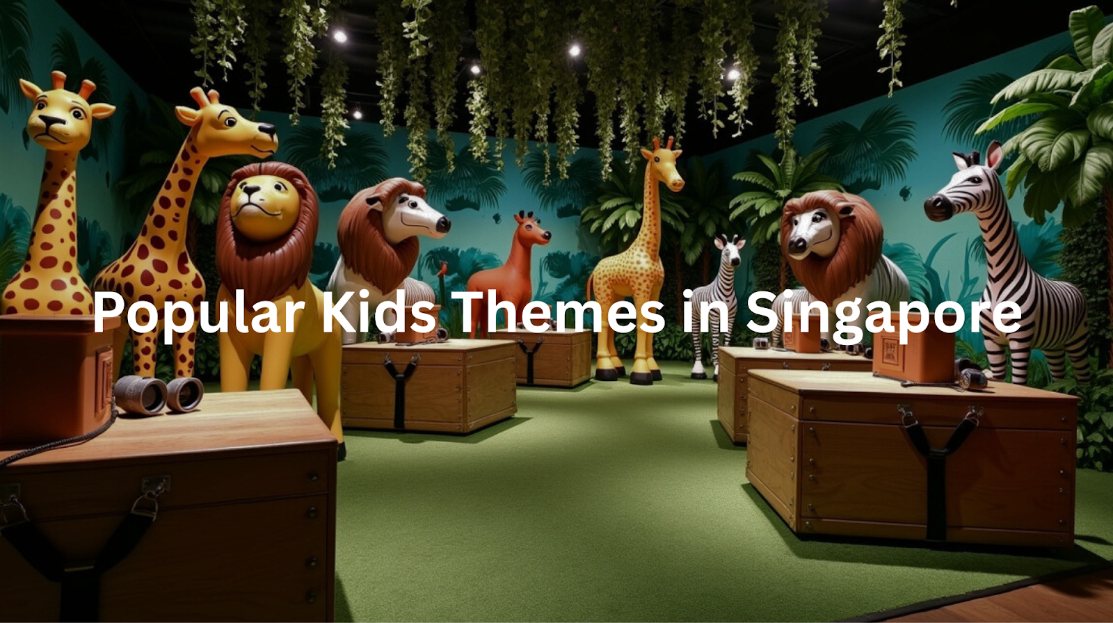 Imaginative and immersive jungle-inspired play space in Singapore, with towering plush animals, lush foliage, and textured wooden elements - embodying a popular and engaging kids' theme.