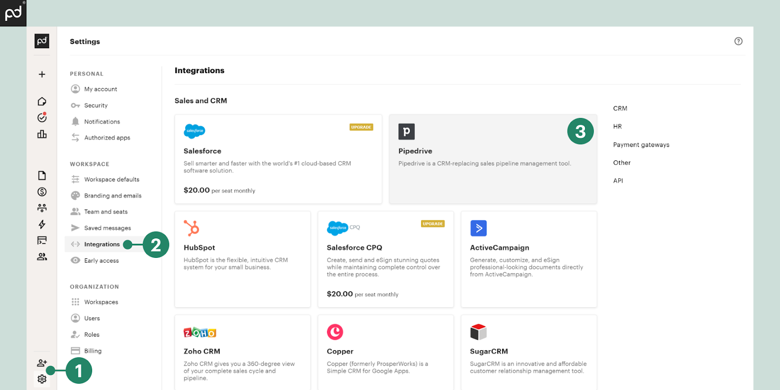 Screenshot of PandaDoc settings showing available integrations for sales and CRM, highlighting steps to connect with Pipedrive CRM.