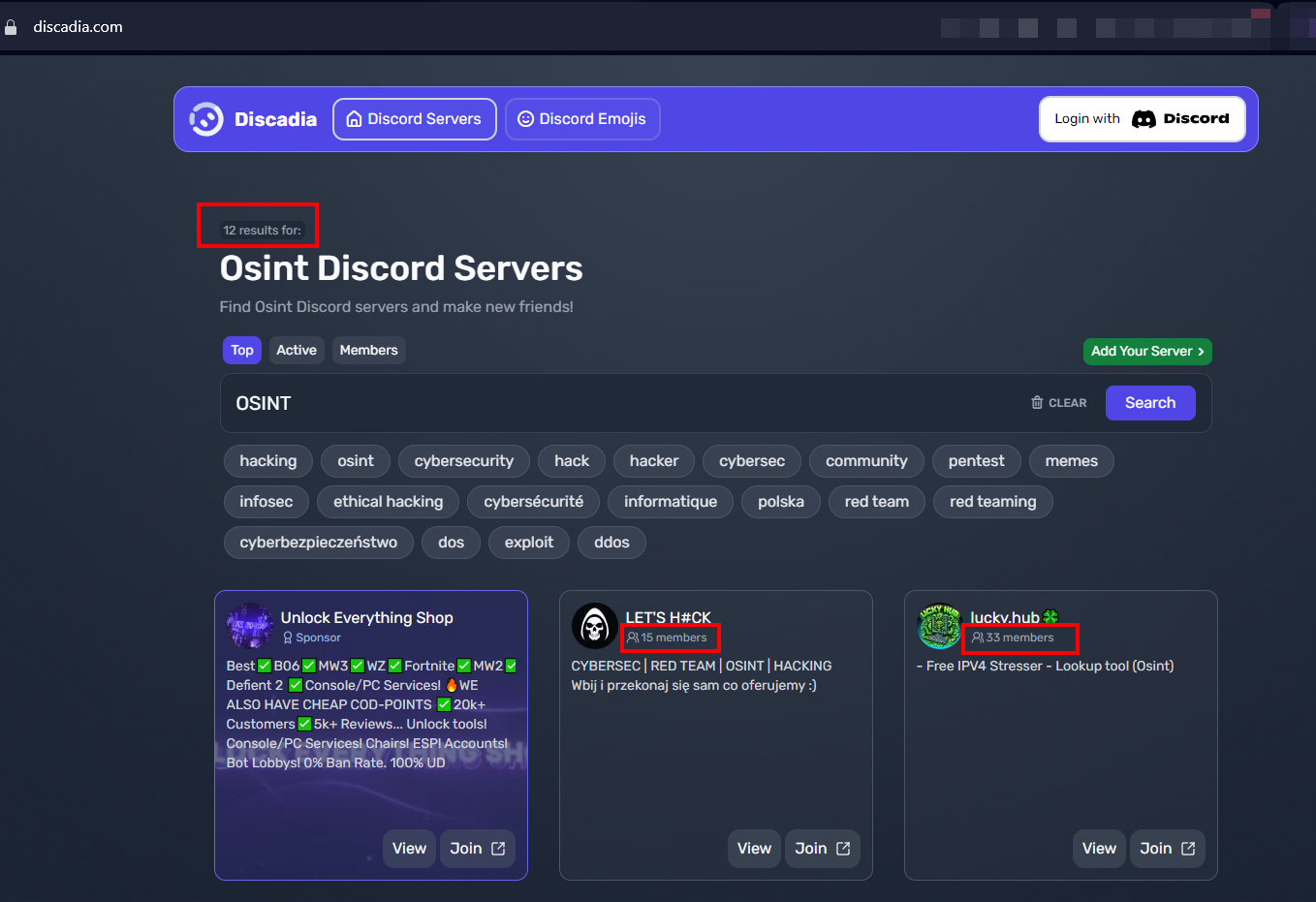 A screenshot of Discadia's interface, showcasing how it helps users find unlisted Discord servers.